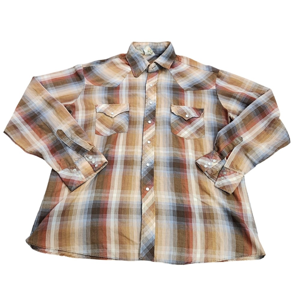 Vintage Kennington Shirt Mens XL Brown Plaid Long Sleeve Snap Western Casual
